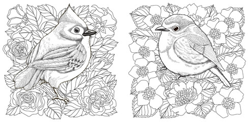 Coloring page. Birds and flowers. Line art drawing for adult or kids coloring book in zentangle style. Vector illustration.