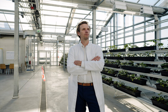 Thoughtful scientist in a greenhouse