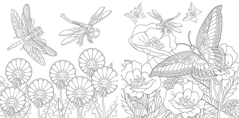 Coloring page. Insects and flowers. Line art drawing for adult or kids coloring book in zentangle style. Vector illustration.