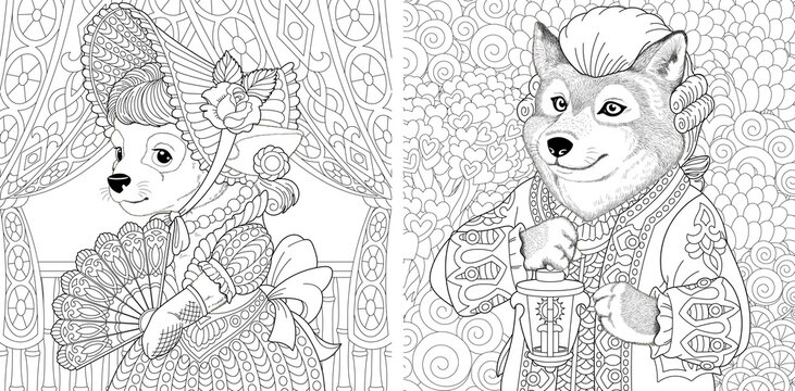 Coloring page. Dog lady and wolf man. Line art drawing for adult or kids coloring book in zentangle style. Vector illustration.