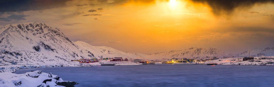 Sorvaer and fjord at sunrise, Soroya Island, Norway