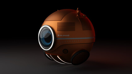 3d rendering of an isolated spherical flying futuristic droid robot with big blue eyes and white lights on a black background. - obrazy, fototapety, plakaty