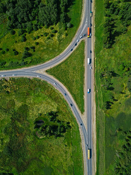 Aerial view of road intersection near Torbeyevskoye lake in summer