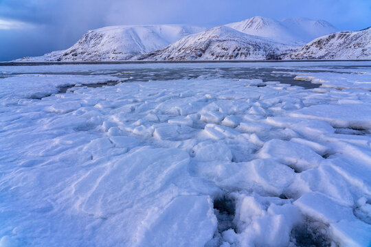 Fjord in the evening light, Tana, Varanger peninsula, Finnmark, Norway