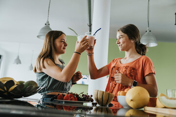 Teenage girls standing in kitchen tasting with fresh fruit smoothies