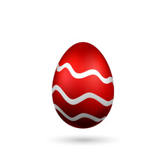 Easter egg 3D icon. Red silver egg, isolated white background. Bright realistic design, decoration for Happy Easter celebration. Holiday element. Shiny pattern. Spring symbol. Vector illustration