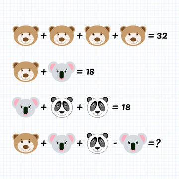 Mathematical Addition Subtraction Puzzle with Bear Panda, Koala. Math game with pictures for children, middle level, education game for kids, preschool worksheet activity, task for logical thinking.