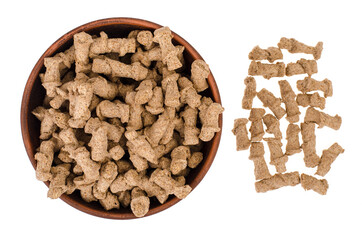 Healthy food products. Extruded rye bran on white background