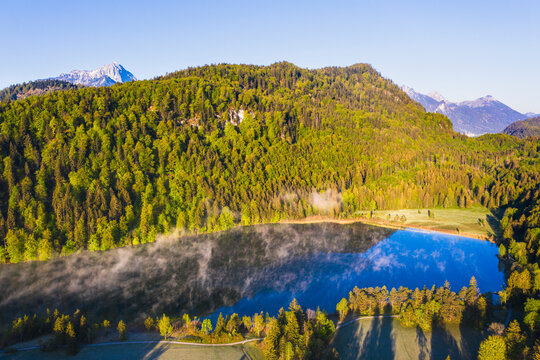 Germany, Bavaria, Schwangau, Aerial view of Schwansee lake in summer