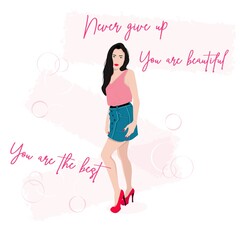 Stylish girl, fashion chick, beauty look, girl in denim skirt and red high heels, vector illustration.