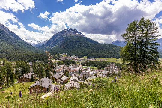 Switzerland, Canton of Grisons, Pontresina, Town in Val Bernina on sunny summer day