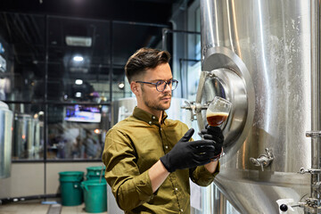 Man working in craft brewery checking quality of a beer