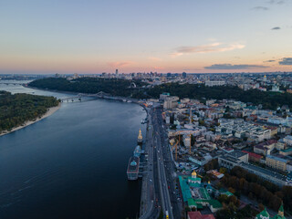 Aerial view of the big city at sunset