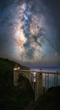 Scenic view of Bixby Creek Bridge against starry sky