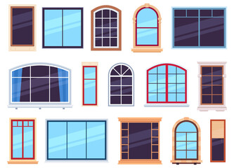 Window frames. Exterior view various wooden and detailed plastic windows, casement frames on house wall architecture design flat vector set. Window interior plastic and wood construction illustration