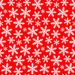 Beautiful white snowflakes isolated on red background. Cute festive seamless pattern. Ink sketch silhouette. Vector flat graphic hand drawn illustration. Texture.