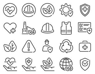 Health safety environment. Occupational security preventive, medical insurance, air pollution protection warning hazard, vector set. Illustration safety environment, industry protection and security