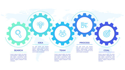 Gears infographics. Cogwheels transmission connecting mechanical, engineering techo progress business presentation start-up vector concept. Cog wheel connection banner, gear infographic illustration - obrazy, fototapety, plakaty