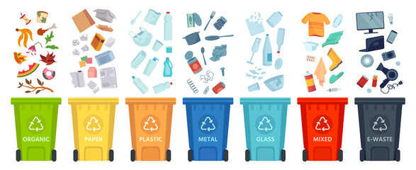 Waste segregation. Sorting garbage by material and type in colored trash cans. Separating and recycling garbage vector infographic. Garbage and trash, ecology rubbish recycling illustration - obrazy, fototapety, plakaty