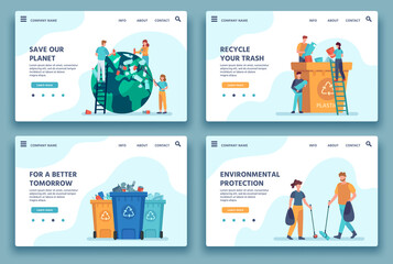 Recycling trash landing page. People collecting and sorting garbage for recycle. Eco lifestyle. Reduce environment pollution web site vector. Illustration collecting and sorting junk - obrazy, fototapety, plakaty