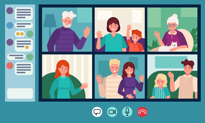Family video chat. Parents, grandparents and children web chatting. Online video call. Elderly people internet conversation vector concept. Illustration communication family call online