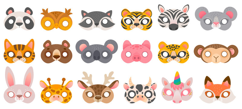 Animal mask. Photo booth props, panda bear and zebra, tiger and pig, koala and cow, unicorn and monkey, owl carnival zoo masks vector set. Illustration booth carnival, cartoon props costume