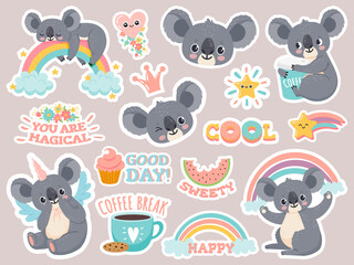Magic koala stickers. Lazy australian koalas sleeping on rainbow. Patches with cute baby animal unicorns. Happy fairytale cartoon vector set. Illustration koala funny face, australia sweet baby © Tartila