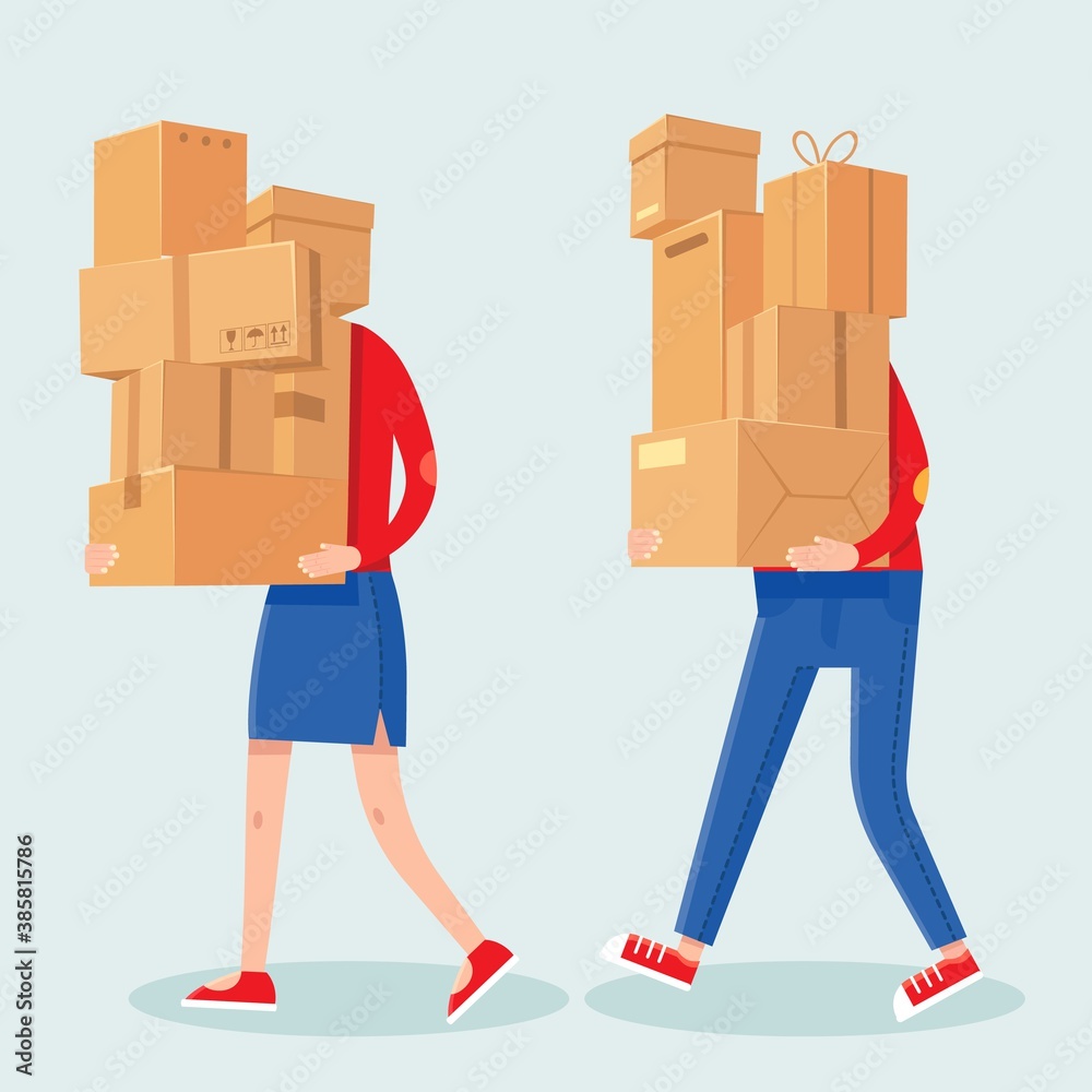 Wall mural People carrying boxes stack. Cartoon man and woman with heavy carton box pile. Family couple carry packages. House moving vector concept. Illustration delivery package, carrying cardboard box - Wall murals