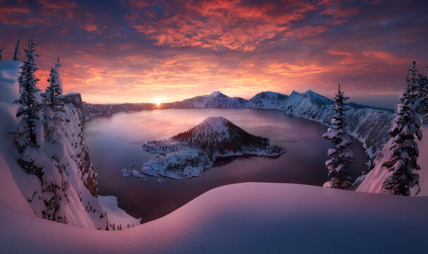 Scenic view of Crater Lake in winter during sunrise