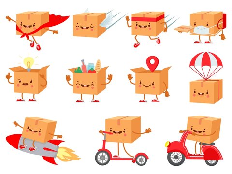 Cardboard box character. Fast delivery service mascot. Cartoon boxes with faces. Shipping package on parachute. Happy purchase vector set. Mascot package box for delivey service illustration