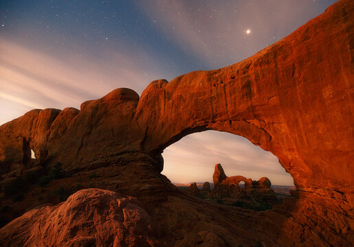 Moonrise over Turret Arch in Arches National Park