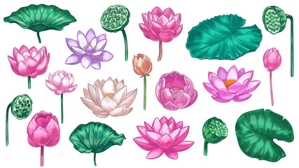 Pink lotus. Water lily flowers pink lotus and green leaves, beautiful bloom plant botanical garden, tropical floral element color vector set. Illustration lotus blossom flower, floral petal oriental
