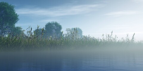 Fog on the river, morning in the swamp, morning fog on the lake, 3D rendering