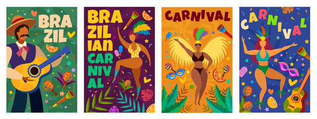 Fototapeta na wymiar Brazilian carnival. Banner with masquerade latino elements dance parade, dancers and musicians, confetti, masks and feathers vector posters. Brazilian parade poster event illustration