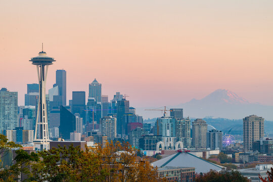 Scenic view of Space Needle and Seattle skyline during sunset