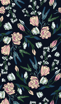 Delicate roses on navy background. Seamless pattern. Vector illustration. © Adventure S Design