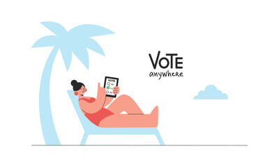 Fototapeta premium Woman in red swimsuit makes her choice on electronic app while relaxing under the palm tree. E-voting, online poll concept. Trendy vector illustration for advert, social media or web banner.
