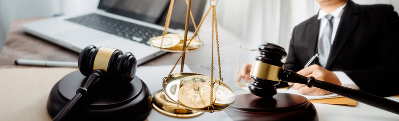 Business and lawyers discussing contract papers with brass scale on desk in office. Law, legal services, advice, justice and law concept picture with film grain effect