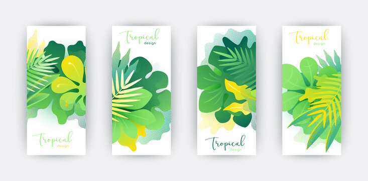 Tropical themed creative covers set.  Colorful compositions of palm leaves and halftone patterns. Geometric design templates for posters, covers, social media stories. Flat style vector illustration