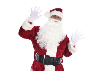 Senior man in traditional Santa Claus costume with hands in the air acting surprised or shocked. Isolated on white.