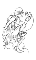 Hand-drawn picture of a man fitted with a jetpack. He's just lifting off the ground while looking behind as if escaping. 
