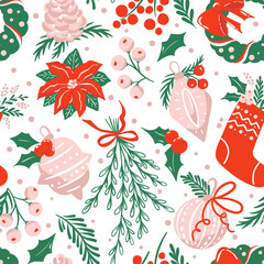 Seamless pattern with traditional christmas hand-drawn elements ib red, green and white colors. Christmas ornament, pine cone, branches and berries, sock, wreath