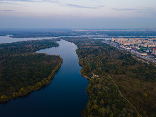 Aerial view of the fresh dnieper river in kiev city