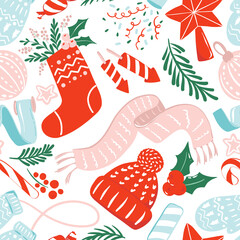 Seamless pattern with christmas hand-drawn elements - knit mittens, hat and scarf, ribbon, christmas ornament, holy leaves and pine branches