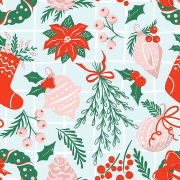 Seamless Pattern With Traditional Christmas Hand-drawn Elements Ib Red, Green And White Colors. Christmas Ornament, Pine Cone, Branches And Berries, Sock, Wreath