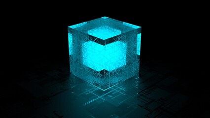 glass neon cube with blue glow