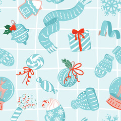 Seamless pattern with christmas hand-drawn elements. Present, scarf, ornament, candy, hat, cup of cocoa, candle, cookie with icing. Celebration winter concept in blue, red and white color