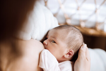 Bright portrait of loving mom breastfeeding her newborn baby at home over window lighting. Baby eating mother's milk.