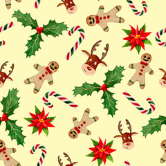 Fototapeta premium Seamless christmas pattern with deers, plants, sweets. Watercolor.