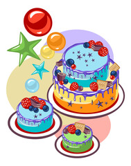 Cakes with berries, birthday card. multi-colored vector.